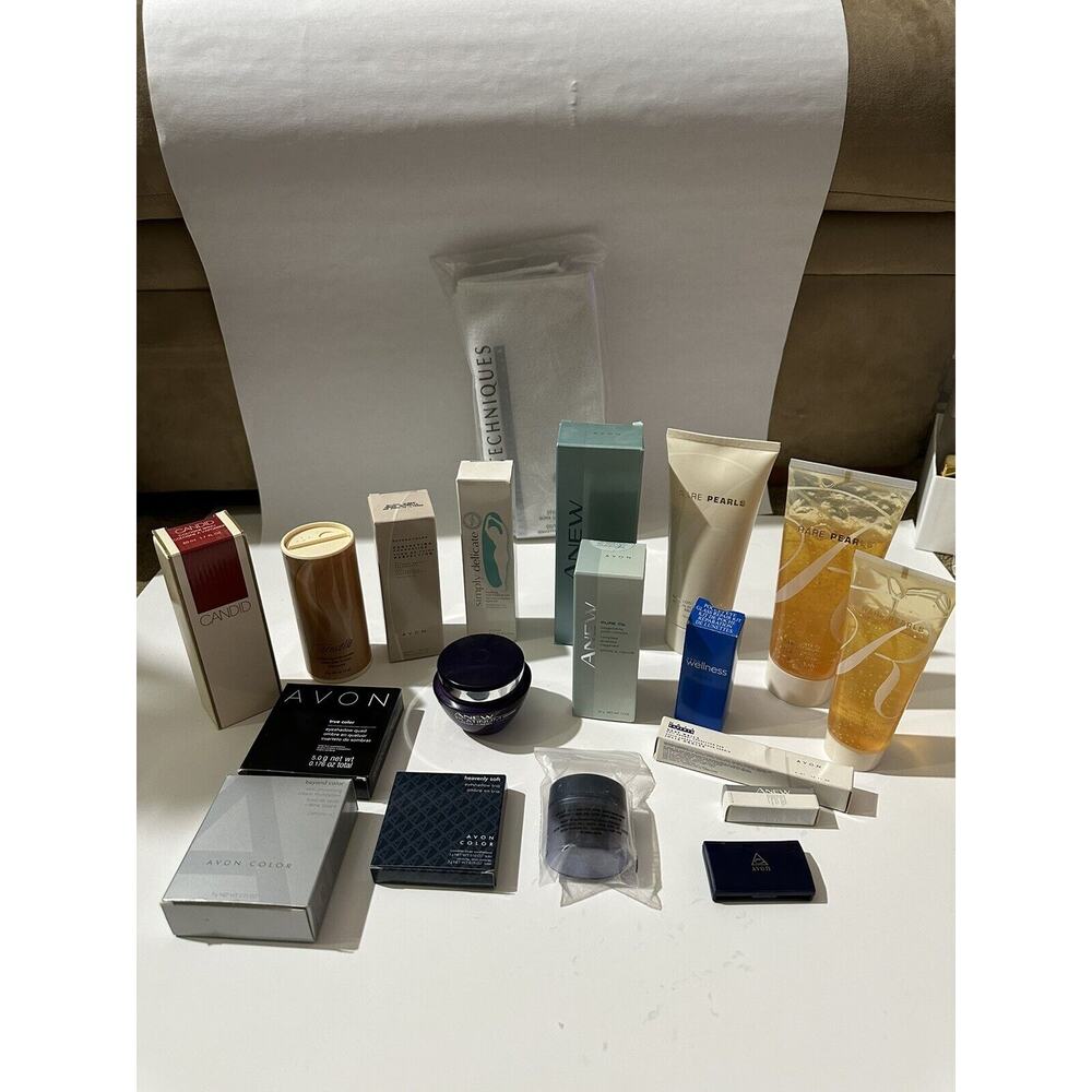 Lot 19 AVON Beauty Items, Perfumes Lotion, Anew, Talc, Makeup, Shower Gel Etc..